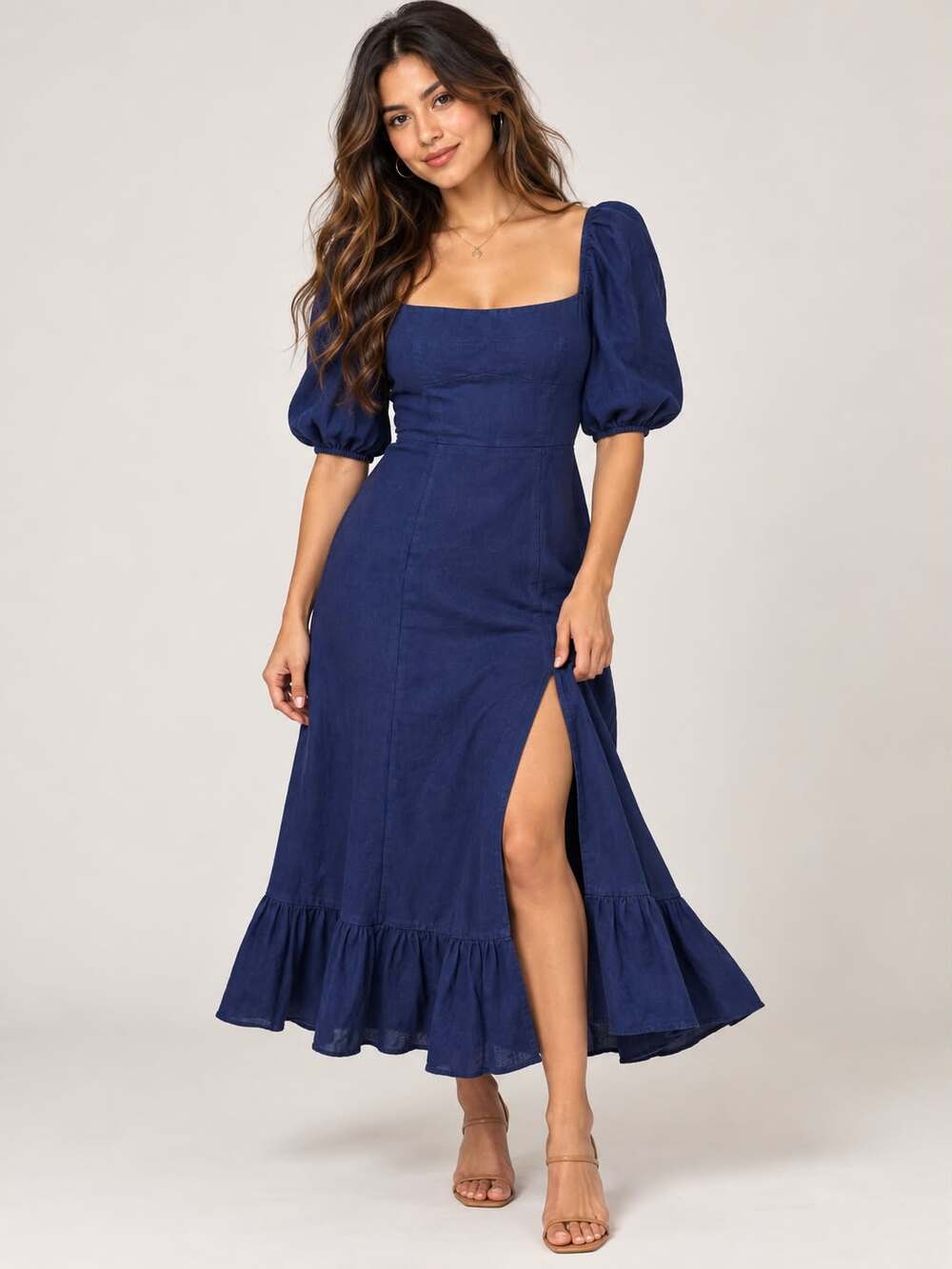 Reformation Belgium Linen Dress Danube Blue 100% Linen Puff Sleeve Midi L